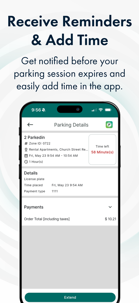 Parkedin™ - Interfaz de la aplicación Parkedin que muestra el tiempo restante de la sesión de aparcamiento y la opción de extenderla
