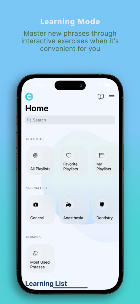 CanopySpeak Premium - CanopySpeak Premium app home screen displaying the Learning Mode with medical specialty categories like Anesthesia and Dentistry