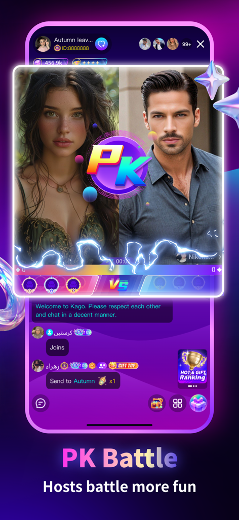 Kago Live-Charming Live App - Kago Live app interface showing a PK Battle between two hosts with chat and gifting options