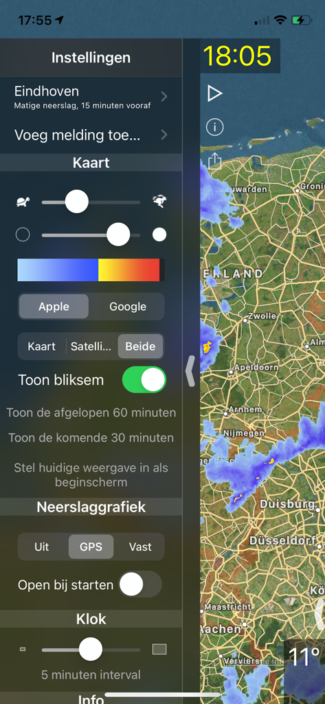 네덜란드 상공의 실시간 날씨 레이더 지도와 함께 지도 사용자 정의 옵션을 보여주는 비 알림 앱의 설정 메뉴