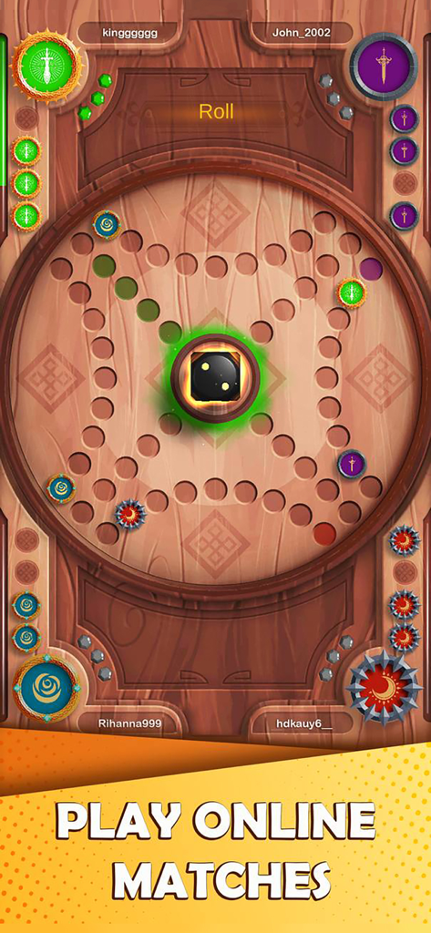 Lucky Ludo - Lucky Ludo mobile game interface showing a four player online match on a circular wooden board