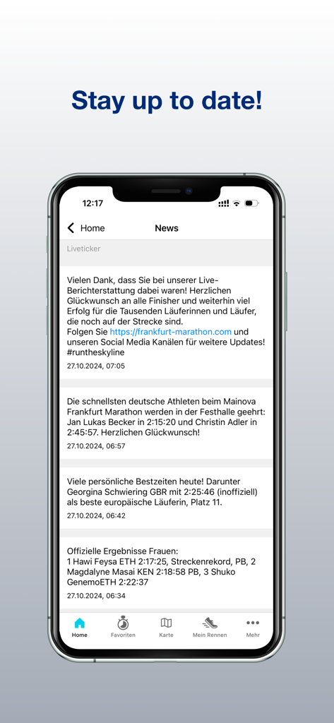 A smartphone screen showing the News feed of the Mainova Frankfurt Marathon app with live event updates and official results.