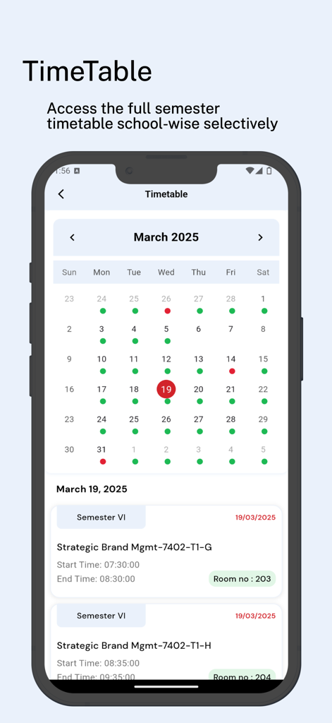 Capture d'écran de l'application LMS Portal montrant l'emploi du temps académique avec une vue calendaire mensuelle et des horaires de cours quotidiens détaillés