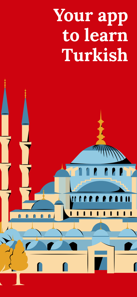 Introductory screen for a Turkish language learning app featuring a stylized mosque illustration on a red background.
