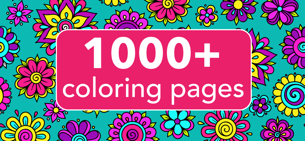 Coloring Book for Adults + - Promotional banner for the app featuring a variety of colorful floral patterns and text highlighting over 1000 coloring pages.