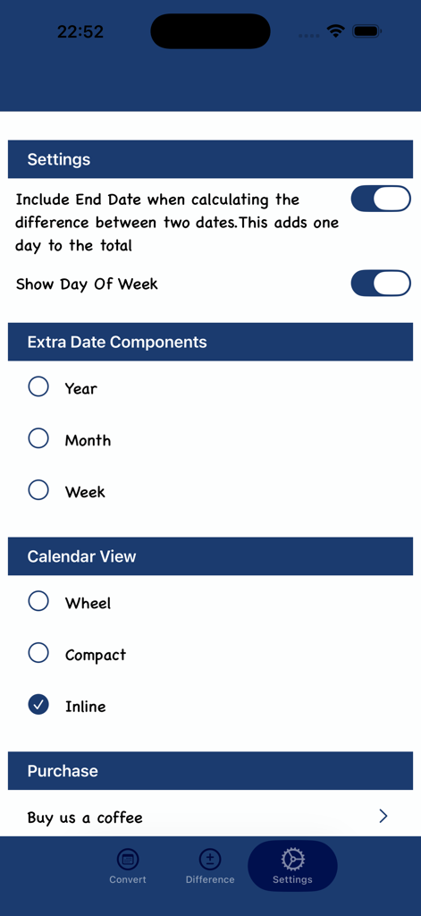 Pantalla de configuración de la aplicación Dates Convert mostrando las preferencias de visualización y cálculo del calendario