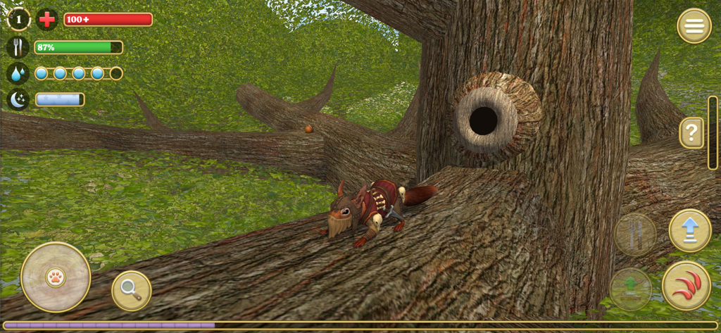 Squirrel Simulator 2 : Online - Um esquilo com armadura de cavaleiro em pé em um tronco de árvore perto de seu ninho no jogo Squirrel Simulator 2.