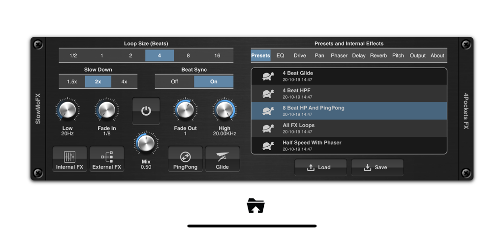 SlowMoFX - SlowMoFX AUv3 plugin interface with halftime effects and loop controls for music production