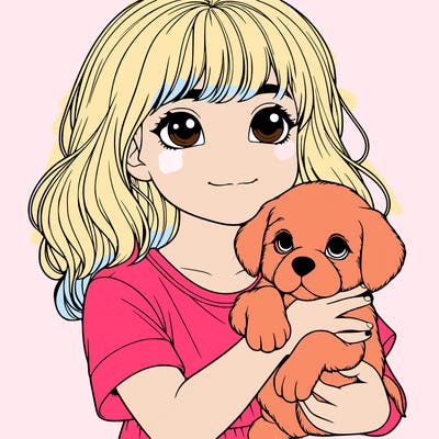 a realistic girl holding a realistic puppy