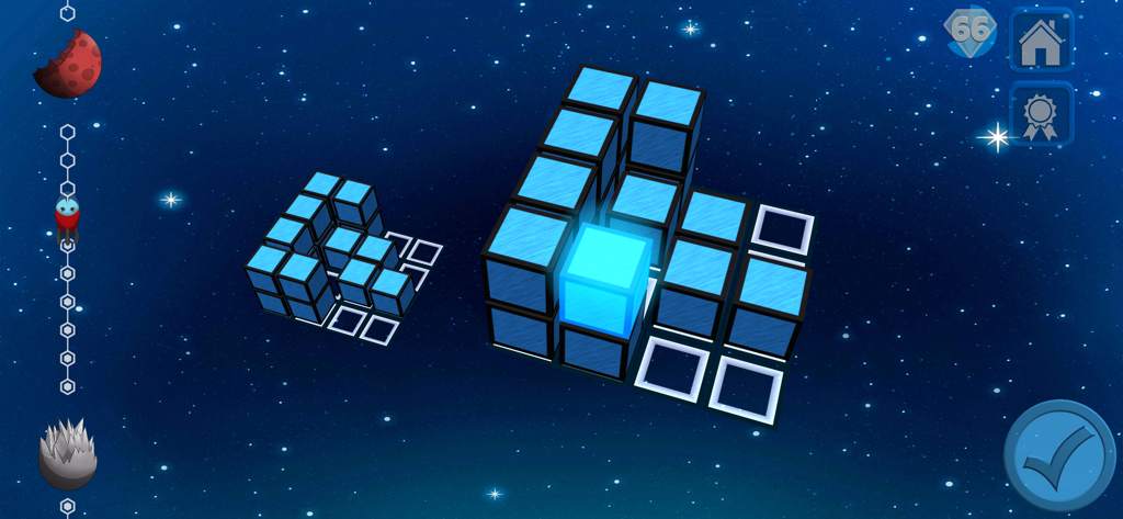 A 3D block puzzle exercise in a starry space environment from the Pikos Blocks educational app