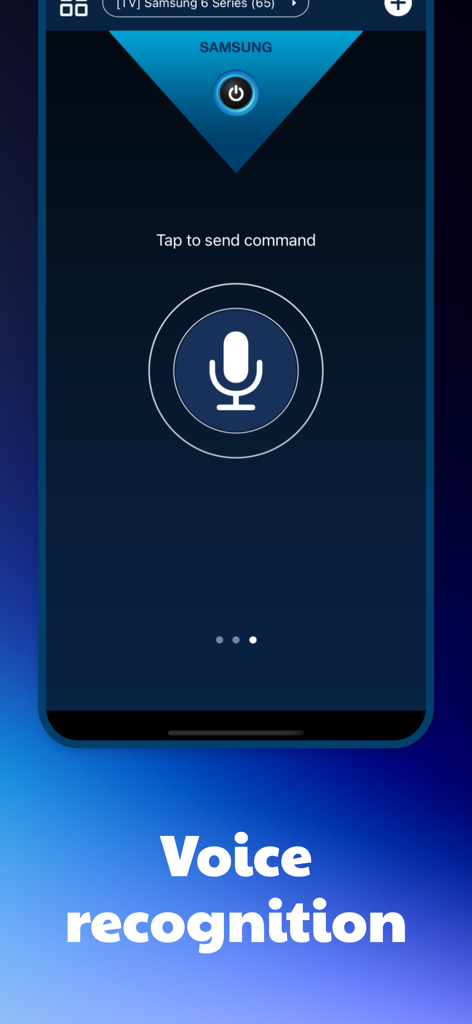 Universal Remote for Smart TV. - Interfaz de aplicación móvil para Control Remoto Universal para Smart TV mostrando la función de reconocimiento de voz con un ícono de micrófono