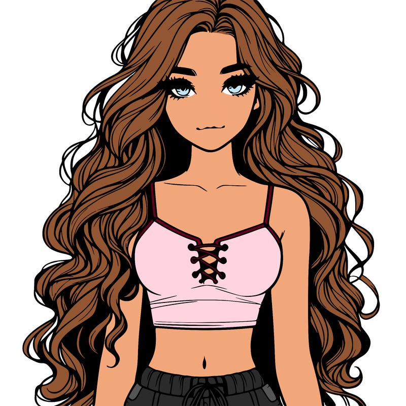 beautiful realistic girl, long wavy hair, crop top, and shorts