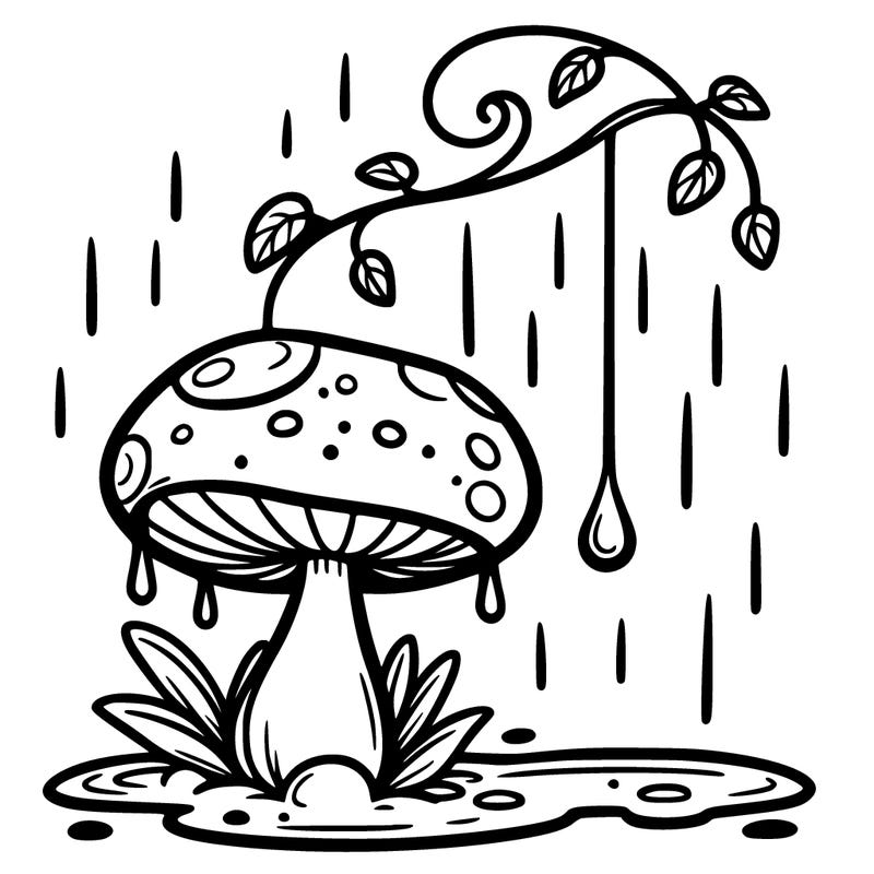 a mushroom in the rain and make hanging rain drop on a vine hanging from the mushroom and make it detailed