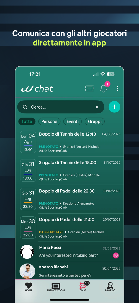 Arena ONE app chat screen showing social coordination and match booking updates for padel and tennis players