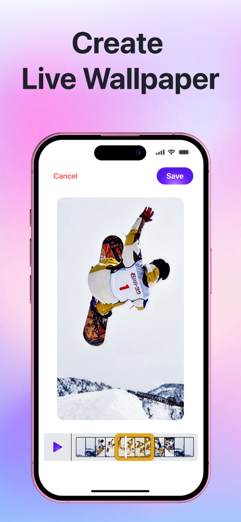 Wallio - Live Wallpapers - Wallio로 개인 동영상을 라이브 배경화면으로 변환하는 방법을 보여주는 스마트폰 인터페이스