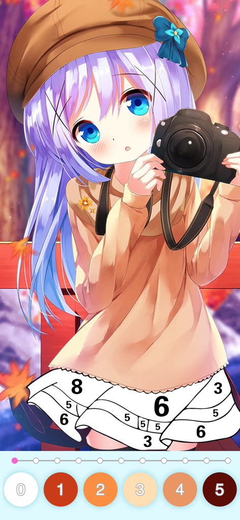 Anime Color - Paint by Number - Una chica anime kawaii sosteniendo una cámara en una página para colorear pintura por número.