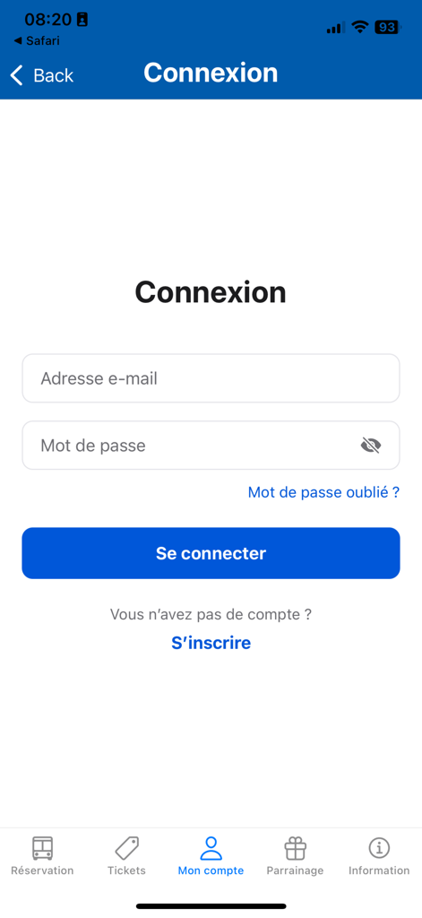 Transap - Página de login do aplicativo de viagens de ônibus Transap com campos de e-mail e senha