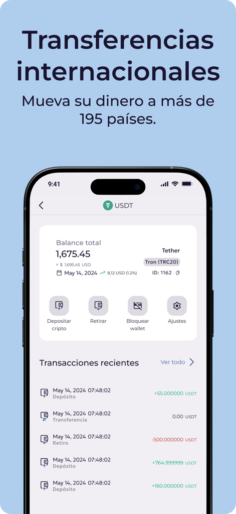 Interface do aplicativo B2pay mostrando saldo de carteira de criptomoedas USDT e opções de transferência internacional.