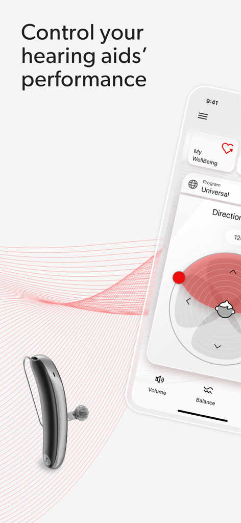 Signia app interface for hearing aid performance control next to a hearing aid device