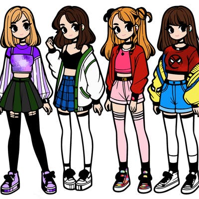 one girl with crop-top shirt and a jacket with a skirt, long socks and another girl with a shirt and pants with a jacket