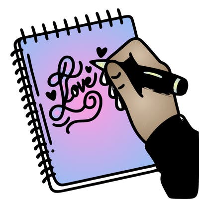 a hand writing “love” in calligraphy on a notebook