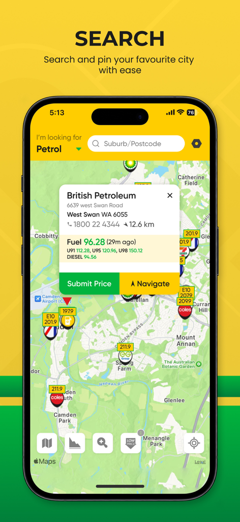 Interfaz de la aplicación Fuel Watch que muestra un mapa con ubicaciones de gasolineras y una ventana emergente que muestra precios de combustible en tiempo real para una estación en Australia.