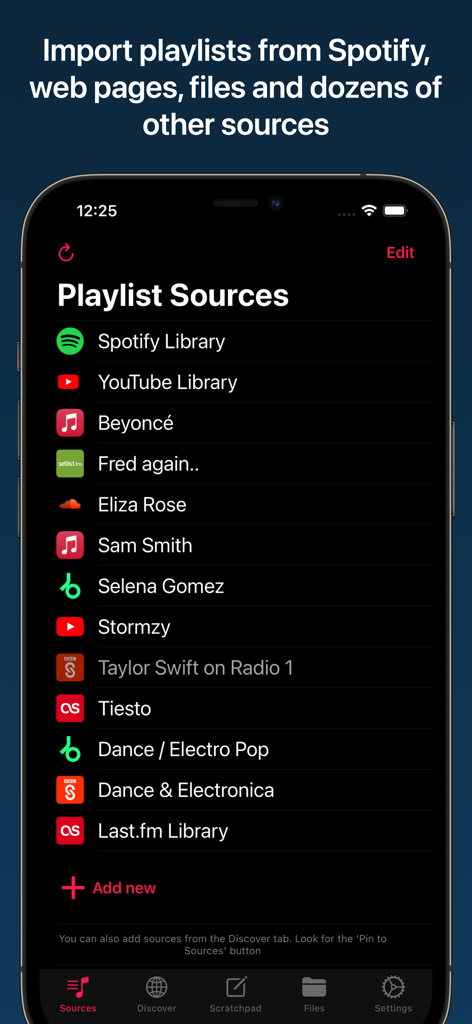 Playlisty for Apple Music - Oberfläche der Playlisty-App, die eine Liste von Playlist-Quellen anzeigt, einschließlich Spotify und YouTube, zum Importieren in Apple Music.