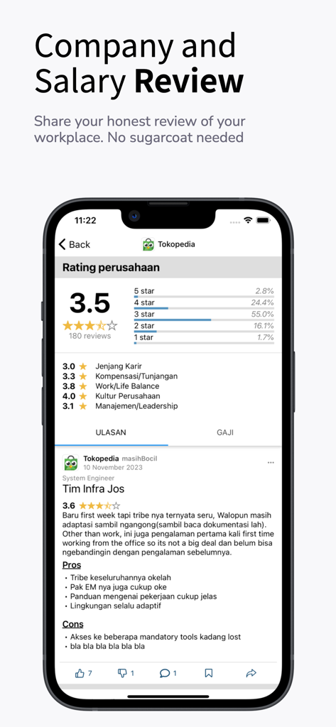 FOMO Indonesia - Ein Bildschirm einer mobilen App, der ehrliche Unternehmensbewertungen und Gehaltsüberprüfungen von anonymen Fachleuten anzeigt