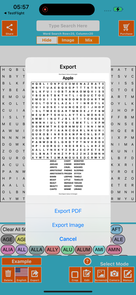 Word Search Solver AI Omniglot - Word Search Solver AI app export screen showing options to save the puzzle as a PDF or image