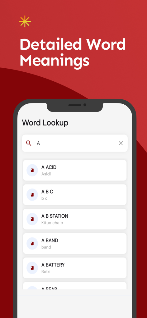 Captura de pantalla de la aplicación Traductor Inglés Suajili que muestra significados de palabras detallados y resultados de búsqueda.