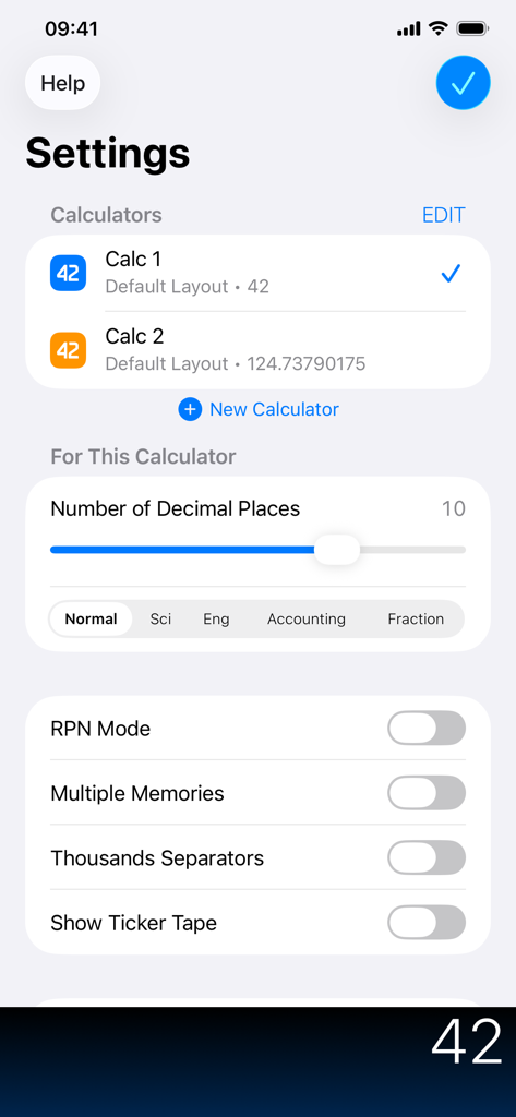 PCalc settings screen showing customization options for decimal places RPN mode and calculator layouts