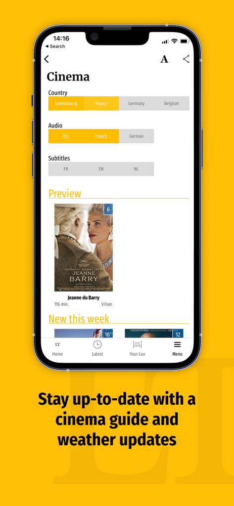 Luxembourg Times - Luxembourg Timesアプリの映画ガイドインターフェース。映画のスケジュールとフィルターが表示されています。