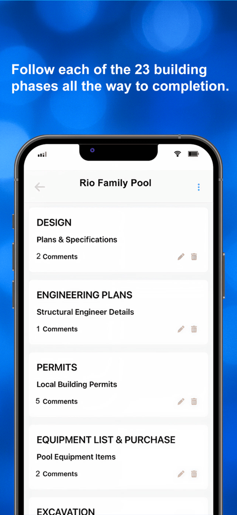 Pool Builder 360 - Interfaccia dell'app Pool Builder 360 che mostra le fasi di costruzione e le checklist di gestione del progetto