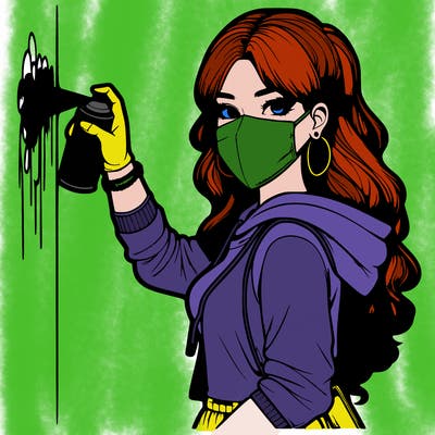 realistic girl with mask spray painting a wall