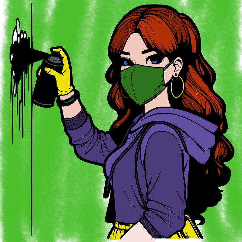 realistic girl with mask spray painting a wall