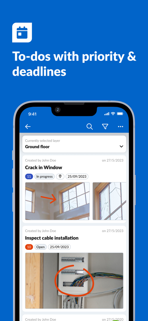 PlanRadar Construction Manager - PlanRadar app interface displaying a list of construction tasks with photos and deadlines