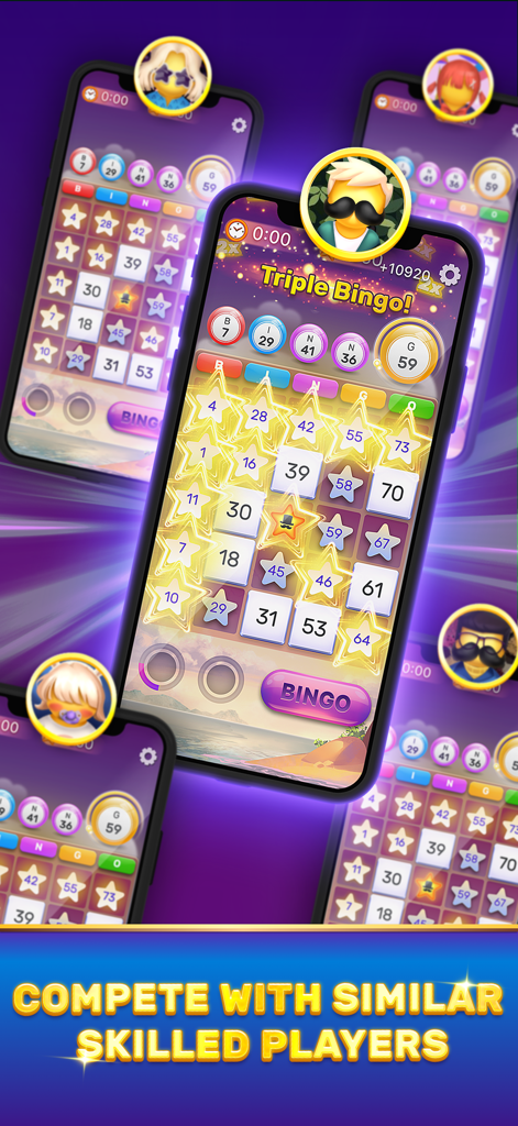 Multiplayer bingo gameplay showing skill based matchmaking with different player avatars