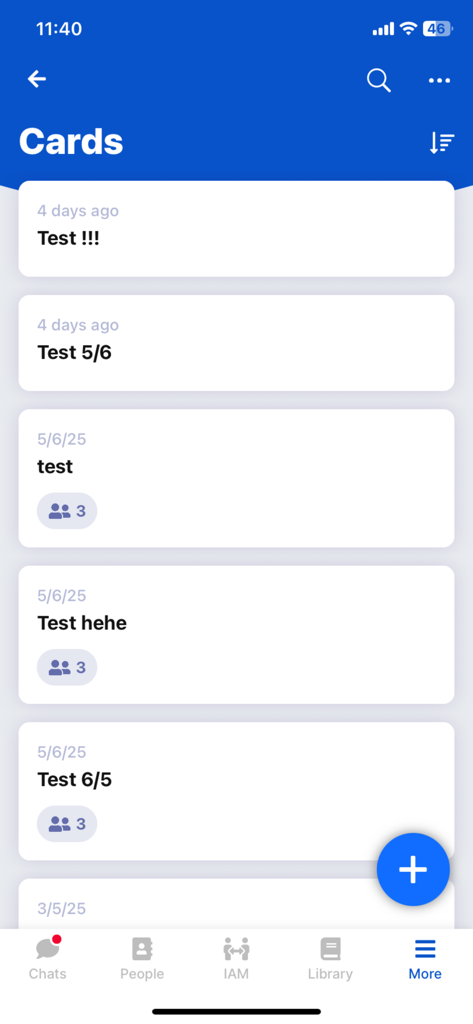 Screenshot of the Cards section in the CPALL CONNECT app showing a list of task or announcement cards with dates and user icons