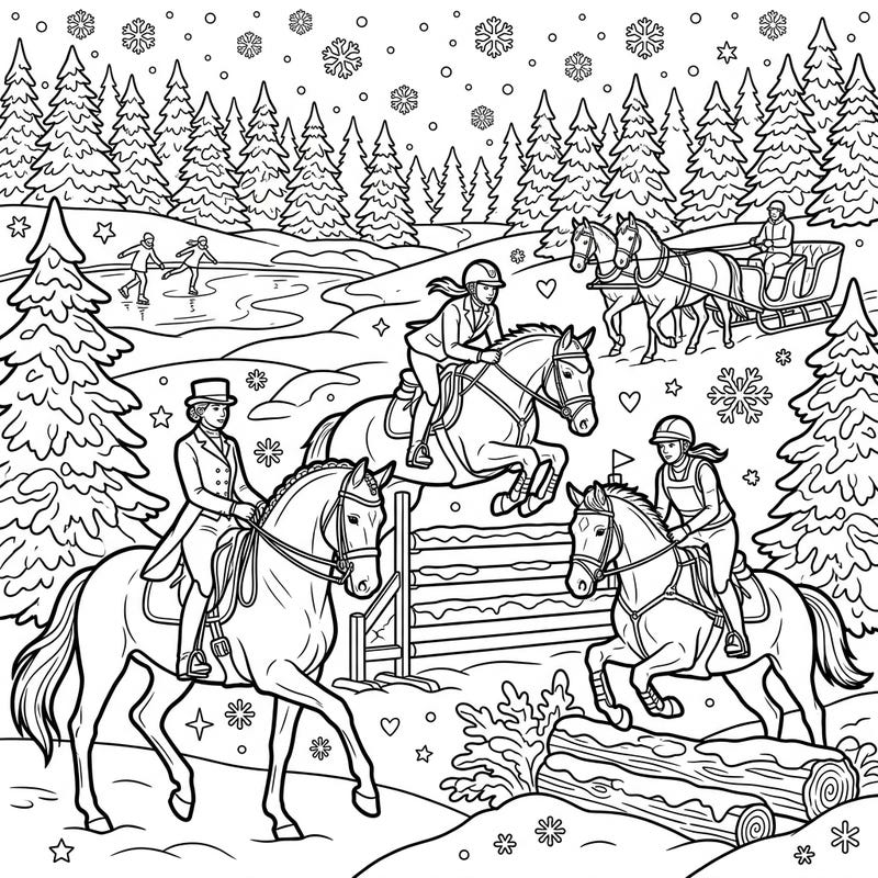 Embrace the thrill of winter sports with this captivating coloring page featuring equestrian athletes. From show jumping to a serene sleigh ride, explore a beautiful snowy landscape ready for your creative touch.