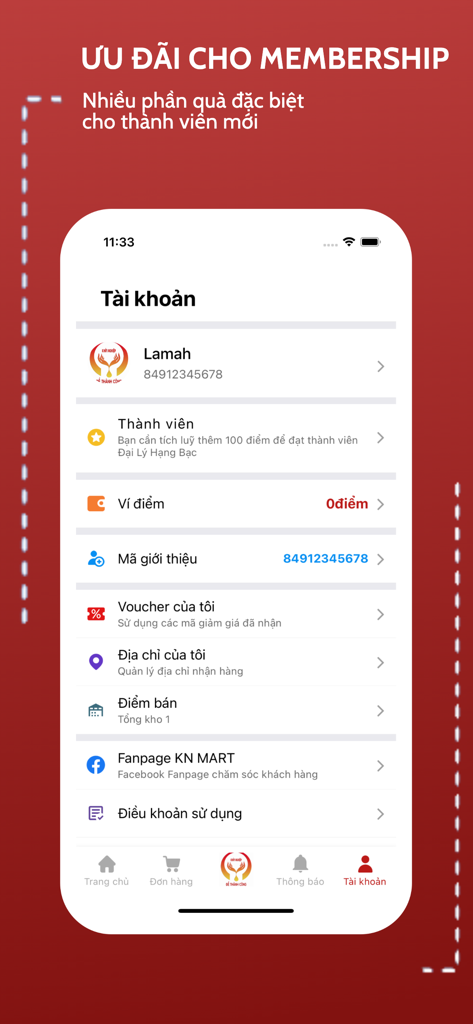 KN MART - Khởi Nghiệp Online - User account dashboard of the KN MART app displaying membership benefits and reward points