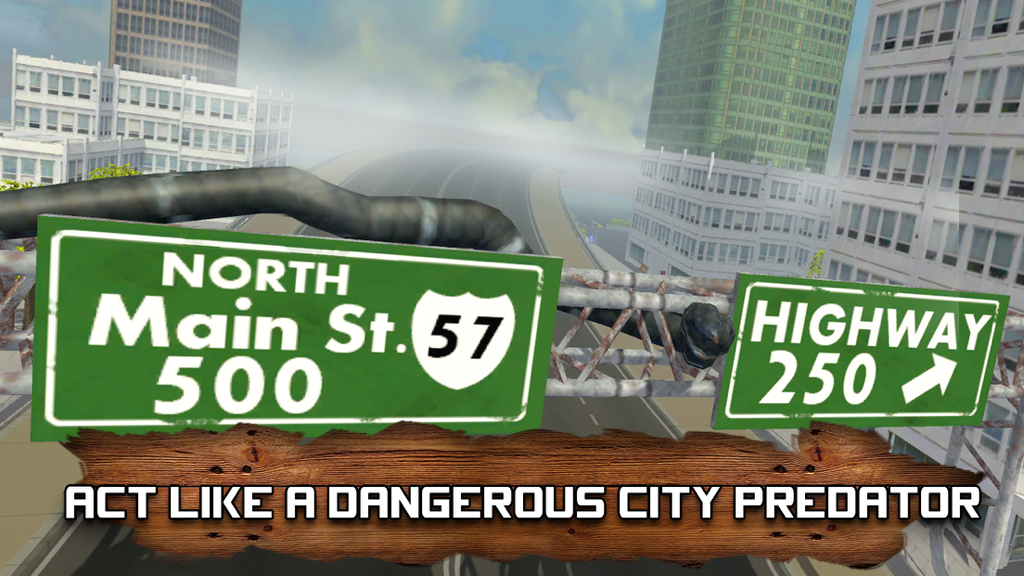 Giant anaconda slithering across highway signs in a city environment