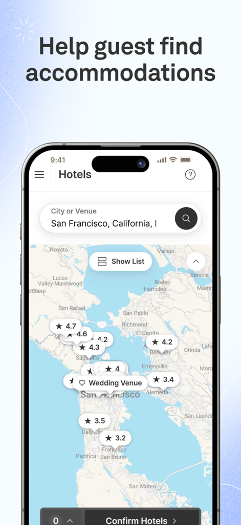 Joy Wedding Planner & Website - Joy Wedding Planner App-Bildschirm, der eine Karte von San Francisco mit Hotelbewertungen und Unterkunftsmöglichkeiten für Gäste anzeigt