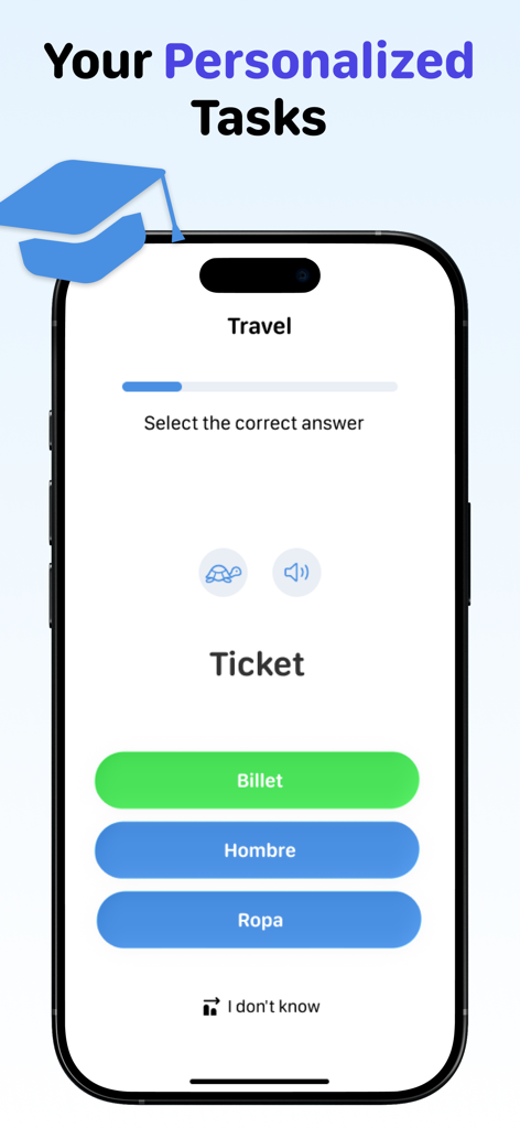 Learn English: Vocabulary - Una pantalla de móvil que muestra una tarea de vocabulario personalizada para la categoría de viajes en una aplicación de aprendizaje de inglés.