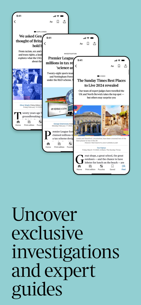 Pantallas de smartphone que muestran artículos de noticias exclusivos y guías de expertos de la aplicación The Times