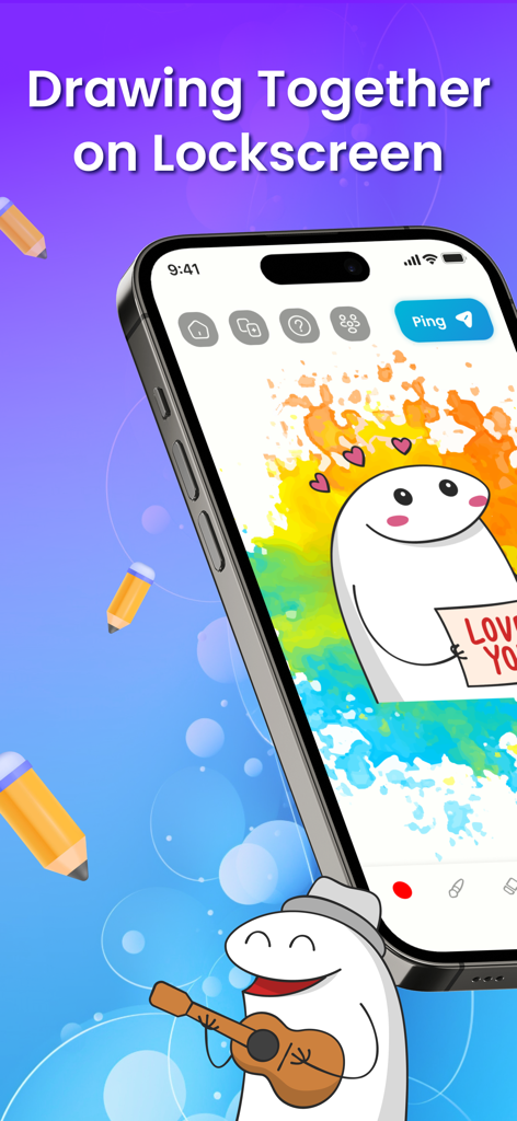 Smartphone showing a creative drawing of a cute character on a colorful lockscreen widget.