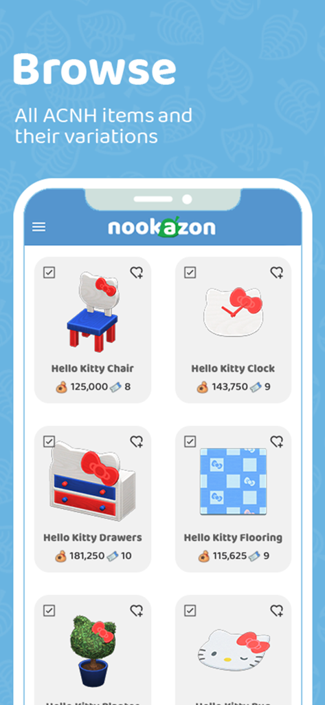 Nookazon - Nookazon app screen showing Hello Kitty themed Animal Crossing items for trade with prices