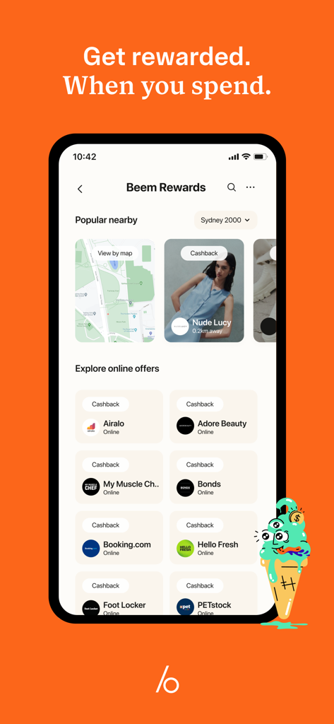 Interfaz de la app Beem mostrando recompensas de cashback populares cercanas y ofertas en línea