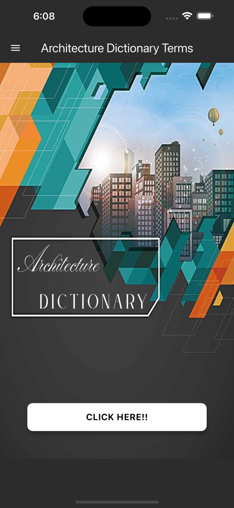 Startbildschirm der Architektur-Lexikon-Begriffe App mit einer Illustration einer modernen Stadtsilhouette und einem Startknopf.