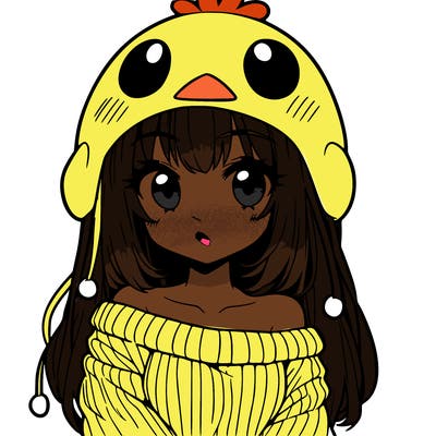anime girl with chick shaped hat with sweater with bare shoulders with bangs covering them one eye with low tail