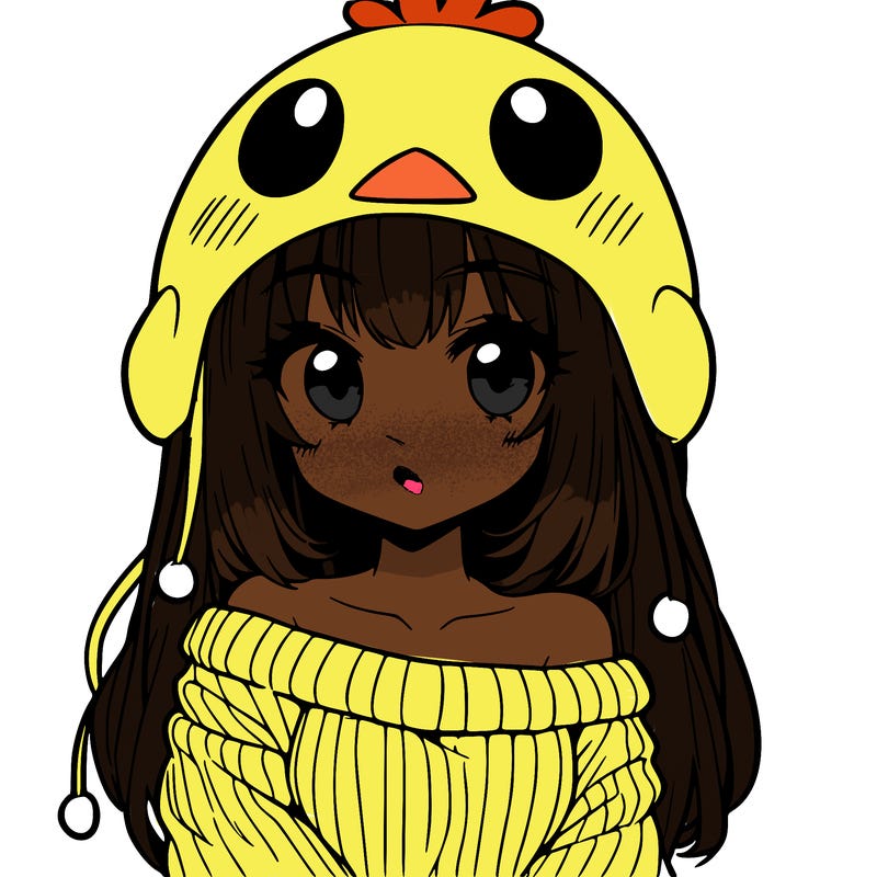 anime girl with chick shaped hat with sweater with bare shoulders with bangs covering them one eye with low tail